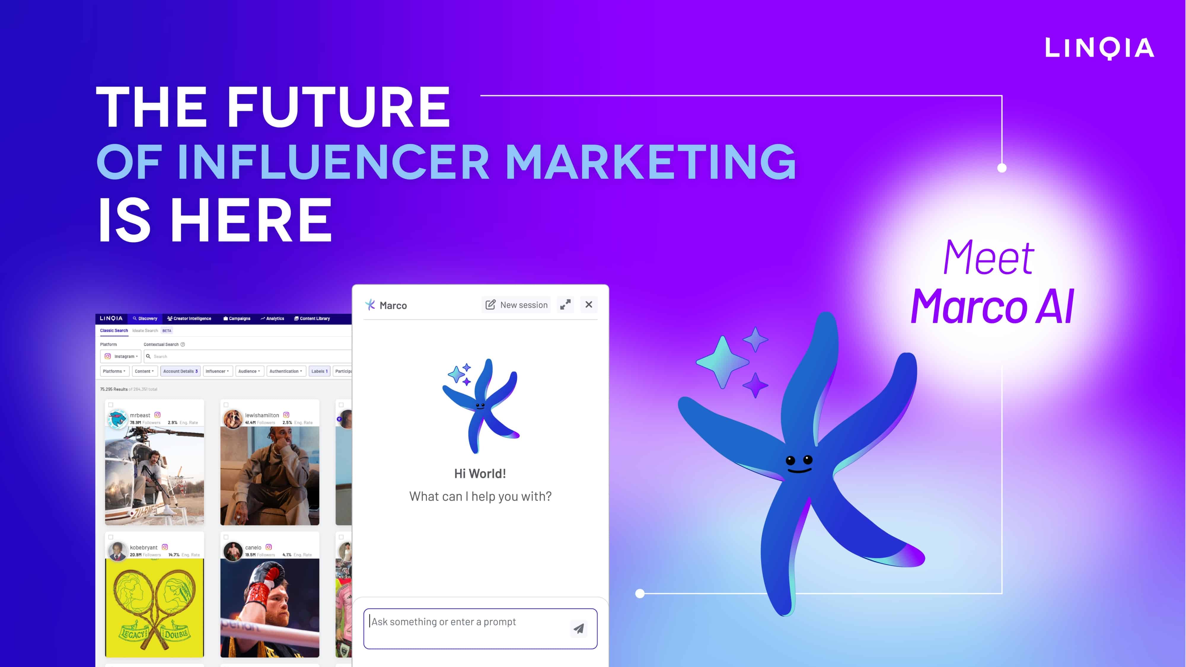 Blue Starfish Mascot Marco AI on purple and blue background